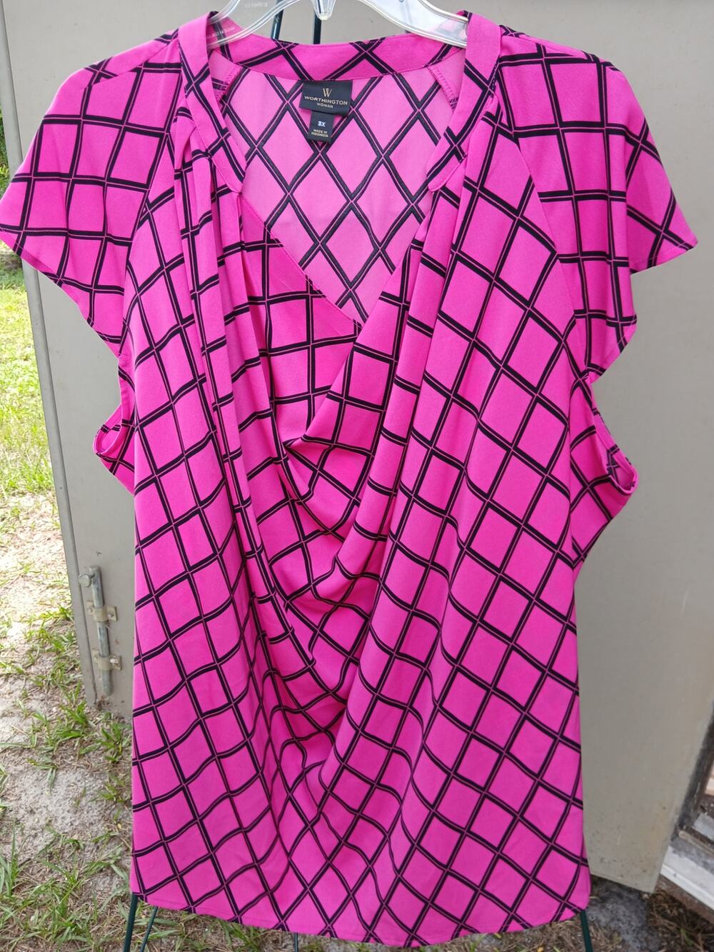 Worthington 3X Raspberry Pink Black Diamond Plaid Blouse Career Top Shirt